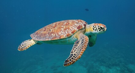 Obraz premium Oceanic Wanderer: An elegant sea turtle gracefully glides through the depths of the ocean, showcasing its vibrant shell and the mysterious underwater world.