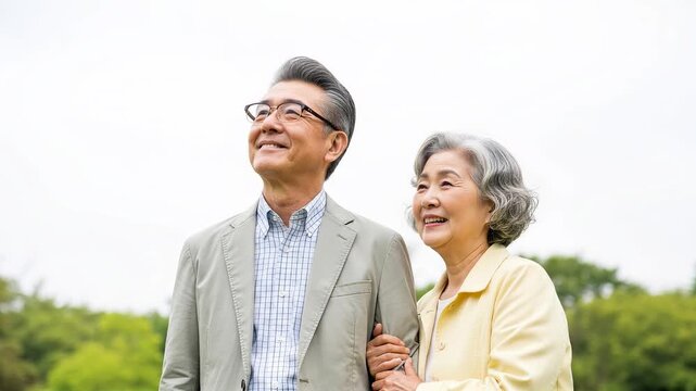 遠くを見つめるシニア夫婦