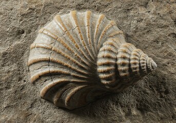 Ancient Sea Shell Fossil: A detailed image of a beautifully preserved ancient seashell fossil, showcasing intricate patterns and textures, a testament to the wonders of prehistoric life.