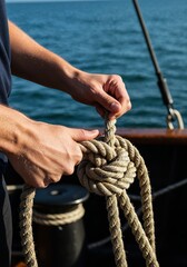 Maritime Knot-Tying: A skilled hand expertly crafts a secure knot on a ship's deck against the backdrop of the endless sea, embodying precision and maritime expertise. 