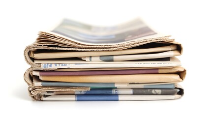 Stack of Old Newspapers on White Background Archive, Information, and Historical Documents