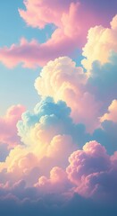 Dreamy pastel clouds in a soft blue sky, illuminated by warm golden light, creating a serene and ethereal atmosphere