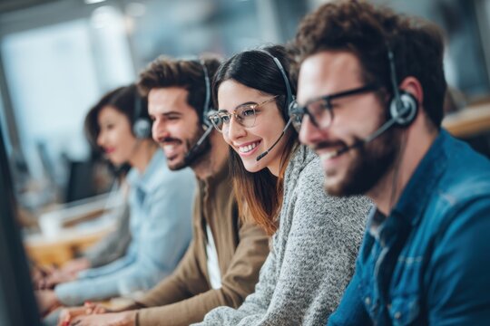 Team of young professionals collaborating and assisting clients in a call center