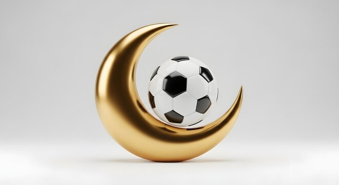 A golden crescent moon cradling a black and white soccer ball, symbolizing sports and dreams - Powered by Adobe