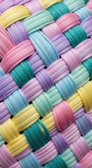 Closeup of a colorful woven fabric texture with pastel shades of pink, purple, blue, green, and yellow, creating a vibrant and intricate pattern