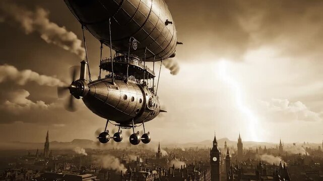 Airship above the gothic London skyline with lightning