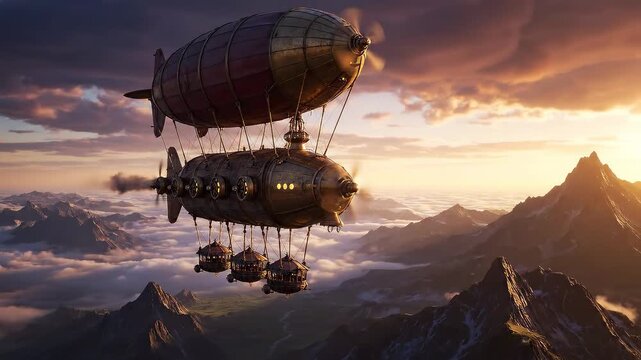 Airship flying over mountains during a colorful sunset