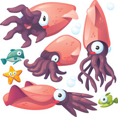 Isolated Cute Squid Cartoon Collection