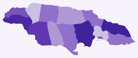 Map of Jamaica with regions. Just a simple country border map with region division. Deep purple color palette. Blank Jamaica shape with administrative division. Vector illustration.