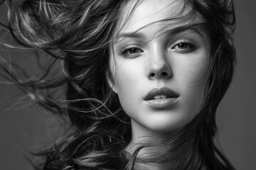 Fototapeta premium Portrait of a stunning young woman with flowing hair showcasing skincare and fashion in a monochrome setting