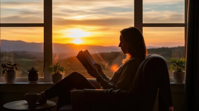 woman in silhouette reads book by large window basking in the golden glow of sunset over rolling mountains Potted plants adorn the sill mug on table and blanket rests nearby