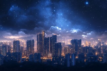 Obraz premium Starry Sky Above Glowing Cityscape with Dense Buildings and Light Cloud Coverage