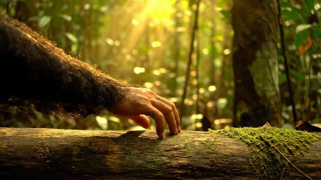 Apes hand touching a log in a bright forest setting