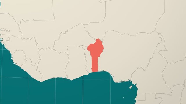 Benin map. Animated zoom into the country on the Globe in Teal Pale Mint color palette. Country logo animation. Map with meridians, parallels. Appealing video.