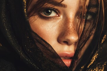 Naklejka premium Stylish dark image of a nude brunette model behind a black veil in the studio showcasing glowing skin and damp hair