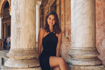Fototapeta premium A young attractive brunette lady sits between marble columns in Seville s renowned square dressed in an elegant black gown and smiling