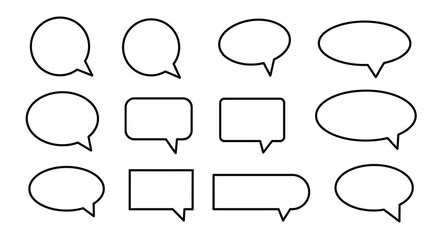 Collection of 12 speech bubbles in various shapes and orientations all outlined in black