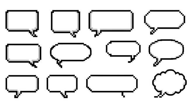 An array of twelve distinct speech bubbles pixelated in white and outlined in black with varying shapes and sizes