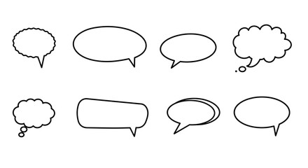 Fototapeta premium Eight black white speech bubbles of varying styles are arranged in two rows