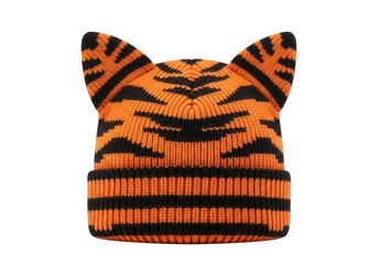 Orange black striped knitted hat with ears isolated on a transparent background