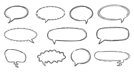 Eleven speech bubbles in various shapes outlined in a rough handdrawn style on a white background