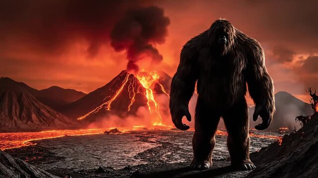Bigfoot standing before a volcanic eruption at dusk