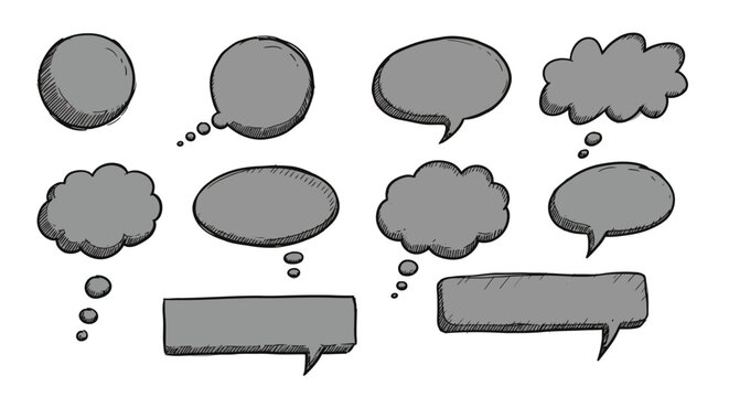 Eleven gray handdrawn speech bubbles in various shapes like circles clouds and rectangles with sketchy outlines