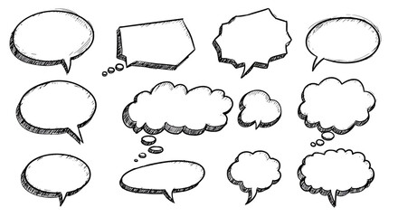 Handdrawn speechthought bubbles in various shapes outlined in black with a sketched effect set against a white background