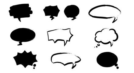 Illustration showcases nine speech bubbles in varying styles resembling ink drawings
