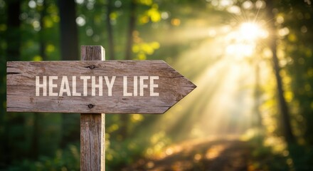 Wooden signpost pointing toward healthy life in a sunlit forest