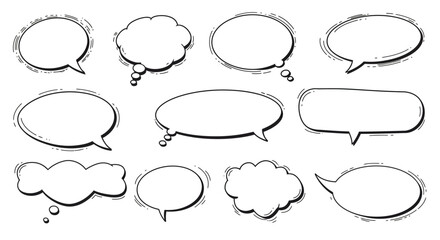 Fototapeta premium Multiple outlined speech bubbles of varying shapes typical of comic book or cartoon styles arranged on a white background