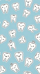 Naklejka premium ​A cute, whimsical pattern of smiling cartoon teeth on a pastel blue background, perfect for dental-themed designs