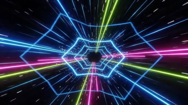 futuristic tunnel with glowing blue hexagonal frames streaking neon lines of pink blue and green and sparkling particles dynamic high-speed visual journey into an abstract void