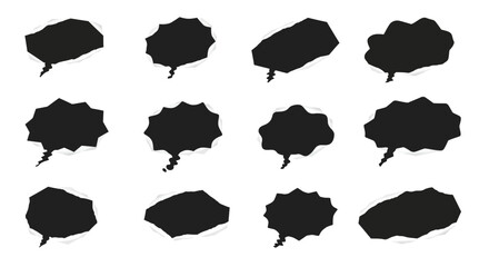 Twelve black speech bubbles appear torn with jagged edges set against a white background