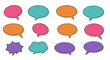 Twelve colorful speech bubbles are arranged in a grid pattern on a white background