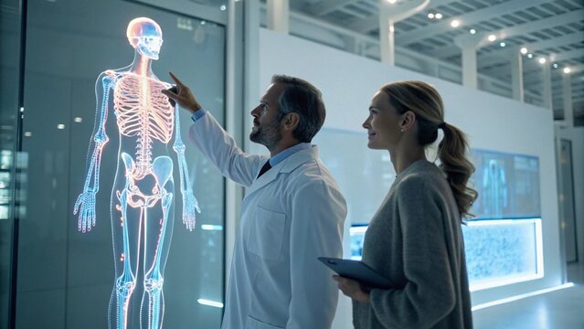 Physician And Patient Analyze A Holographic 3D Skeletal Model For Precision Medicine And AI Diagnostics