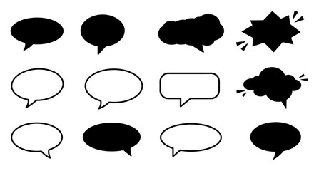 Twelve speech bubbles in black varying from rounded spiky and cloudshaped on a white background
