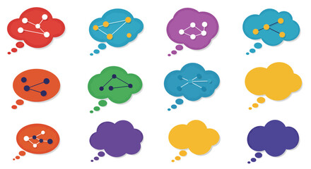 Twelve speech bubbles arranged in a grid Some contain diagrams others are blank They vary in color