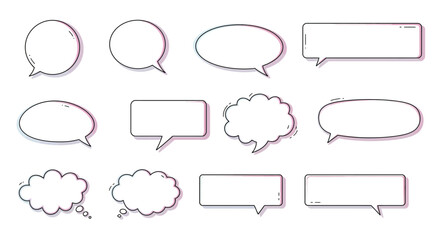 Twelve speech bubbles in assorted shapes with outlines and subtle drop shadows arranged on a white background