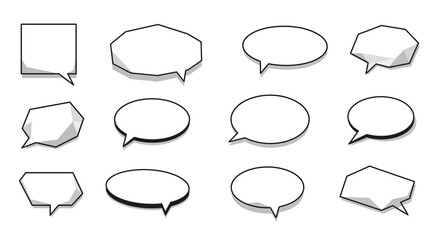 Fototapeta premium Twelve stylized white 3D speech bubbles with black outlines arranged in a grid against a blank white background