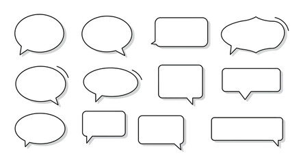 Twelve speech bubbles of various shapes are arranged in a grid pattern on a white background