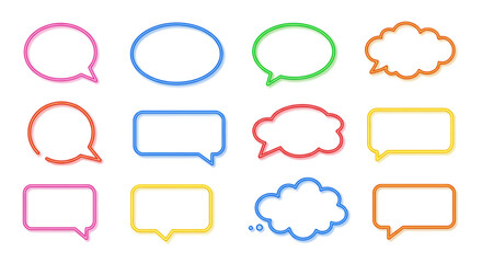 Obraz premium Varied neonoutlined speech bubbles cloud icons are arranged in a grid pattern on a white background