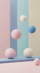 Abstract composition of pastel colored spheres floating in front of a striped background, minimalist design