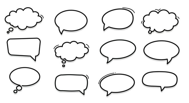 Various stylized speech bubbles arranged in a grid pattern with thick black outlines on a white background