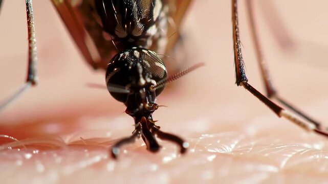 Extreme Macro Close-up of an Aedes Mosquito Biting Human Skin Intricately Showing Its Proboscis and Mouthparts While Feeding Blood Highlighting Disease Transmis