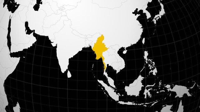 Myanmar map. Animated zoom into the country on the Globe in Black White color palette. Country logo animation. Map with meridians, parallels. Captivating video.