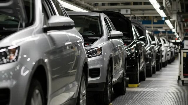 long line of shiny newly manufactured vehicles progresses through an assembly plant Most have open hoods revealing engine compartments awaiting completion or final inspection under factory lights