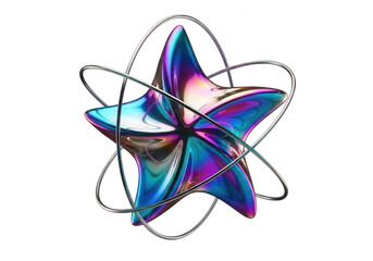 Iridescent star orbiting metal rings isolated on a transparent background