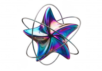 Iridescent star orbiting metal rings isolated on a transparent background