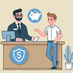 Flat illustration of a bank teller serving a customer making a deposit